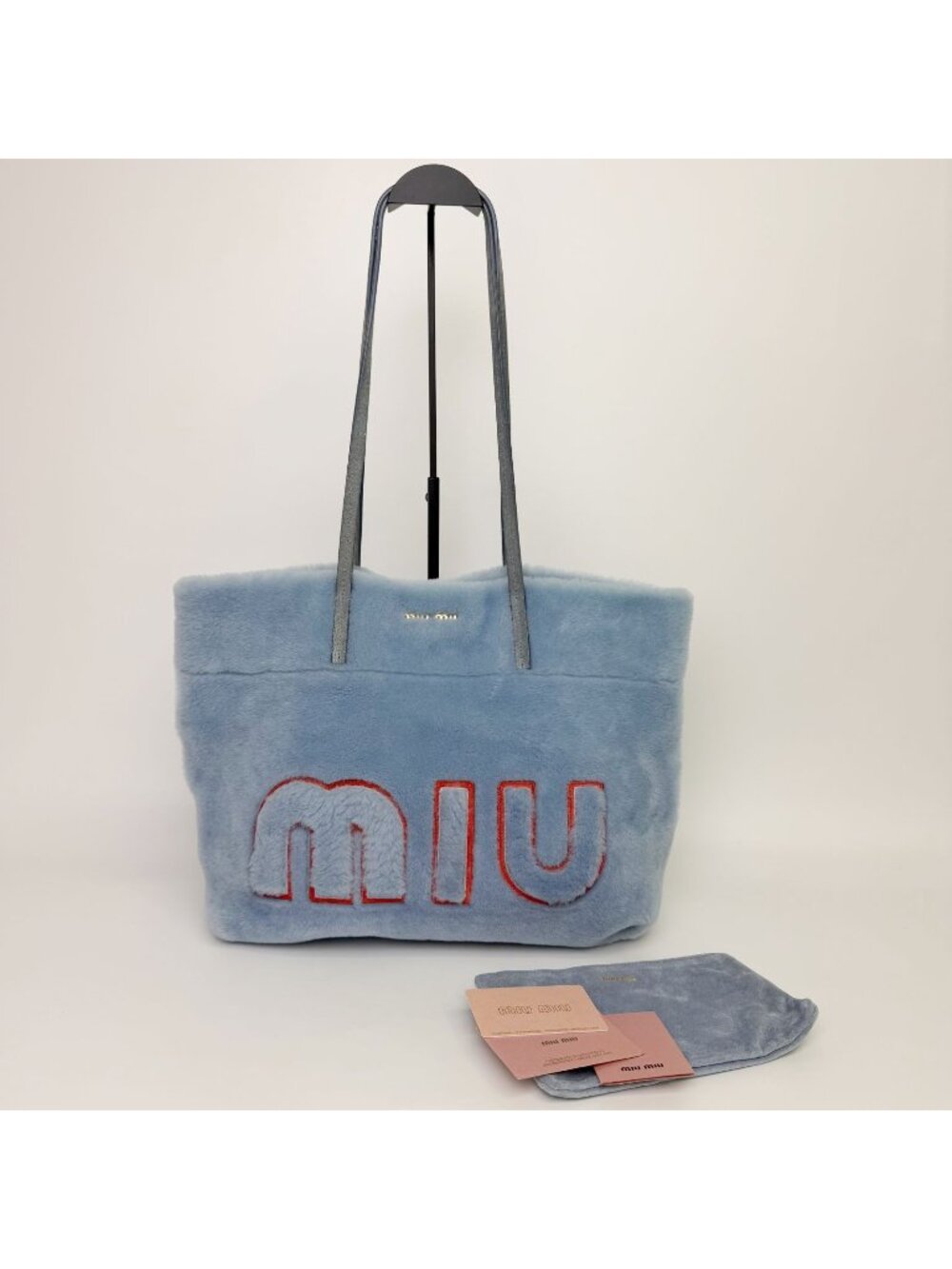 Miu Miu Shearling Big Logo Tote Shoulder Bag Light Blue White Red Vintage